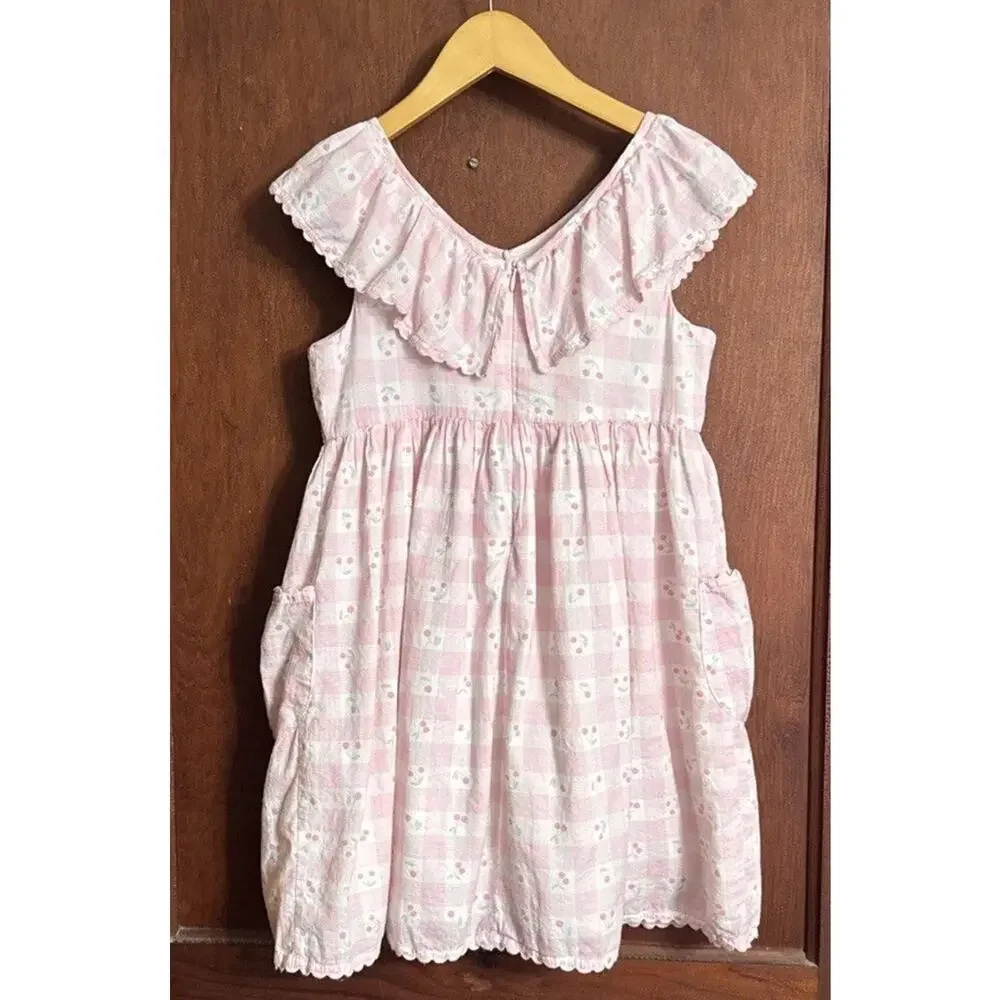 Catherine Malandrino Girls Size 8 Pink Gingham Cherry Dress Ruffle Cottagecore